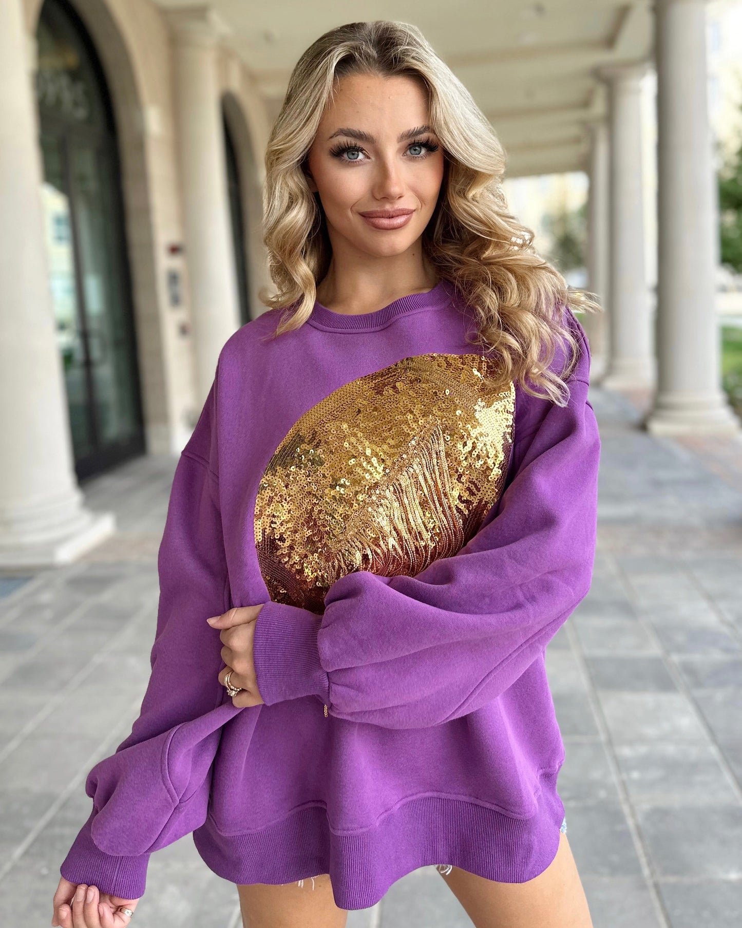 Purple/Gold Sequin Fringe Football Pullover