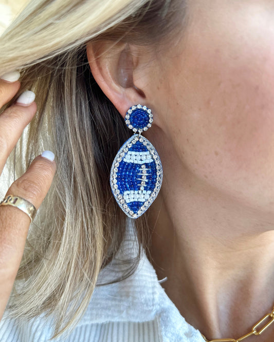 Blue Crystal + Bead Football Earrings