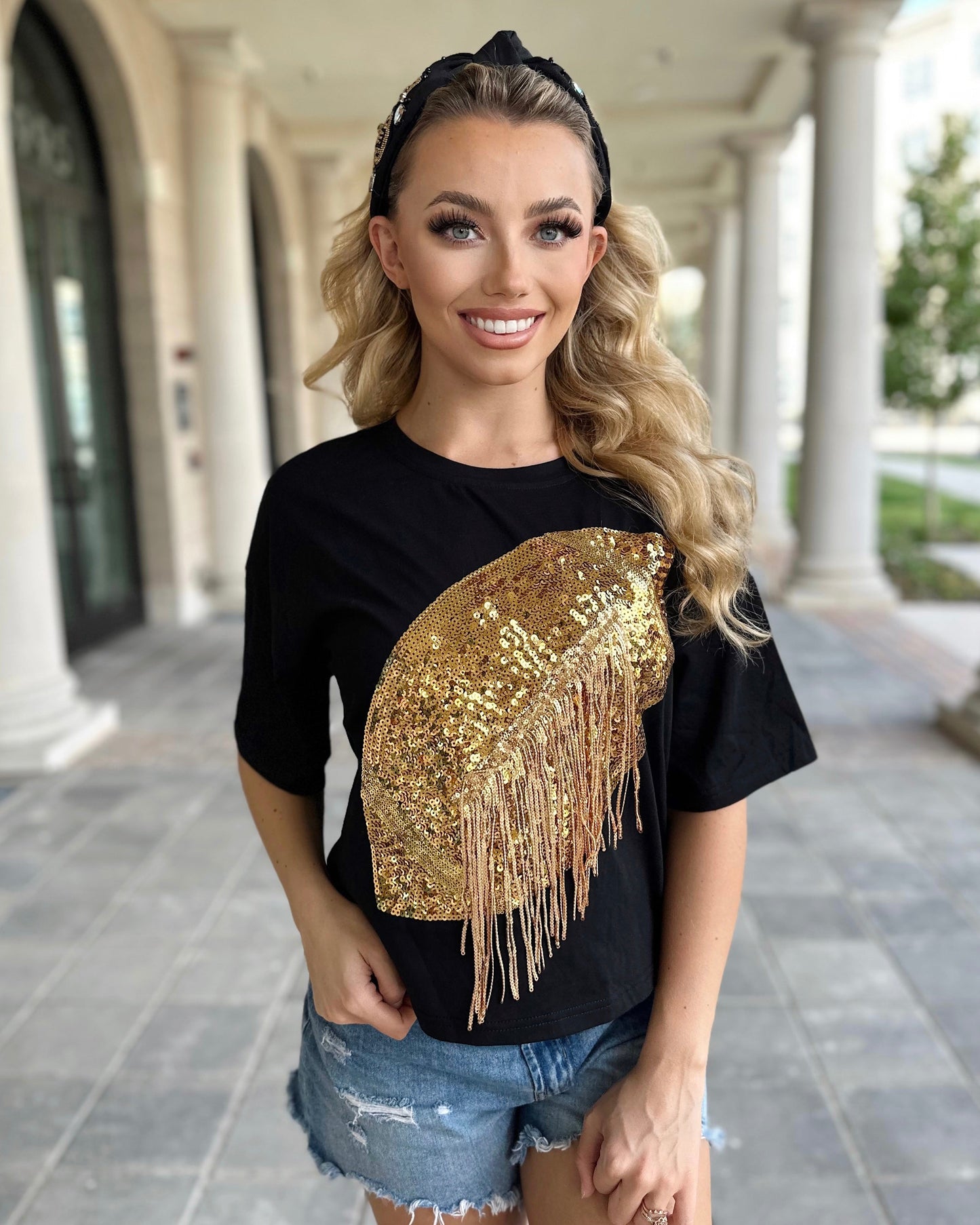Black/Gold Cropped Sequin Fringe Football Tee