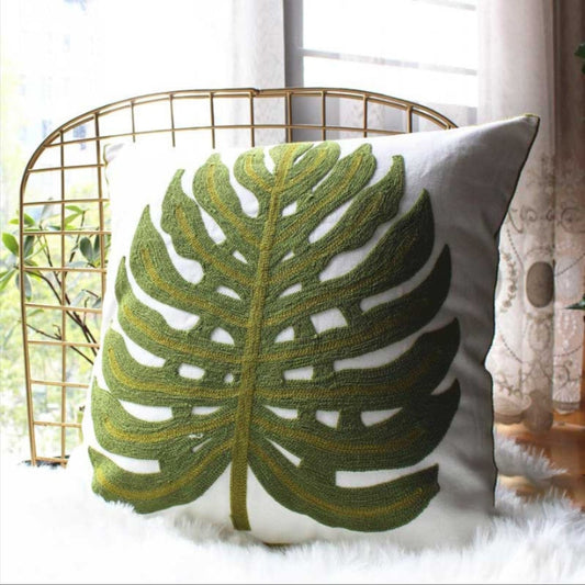 Green Monstera Leaf | Embroidered Pillow Cover