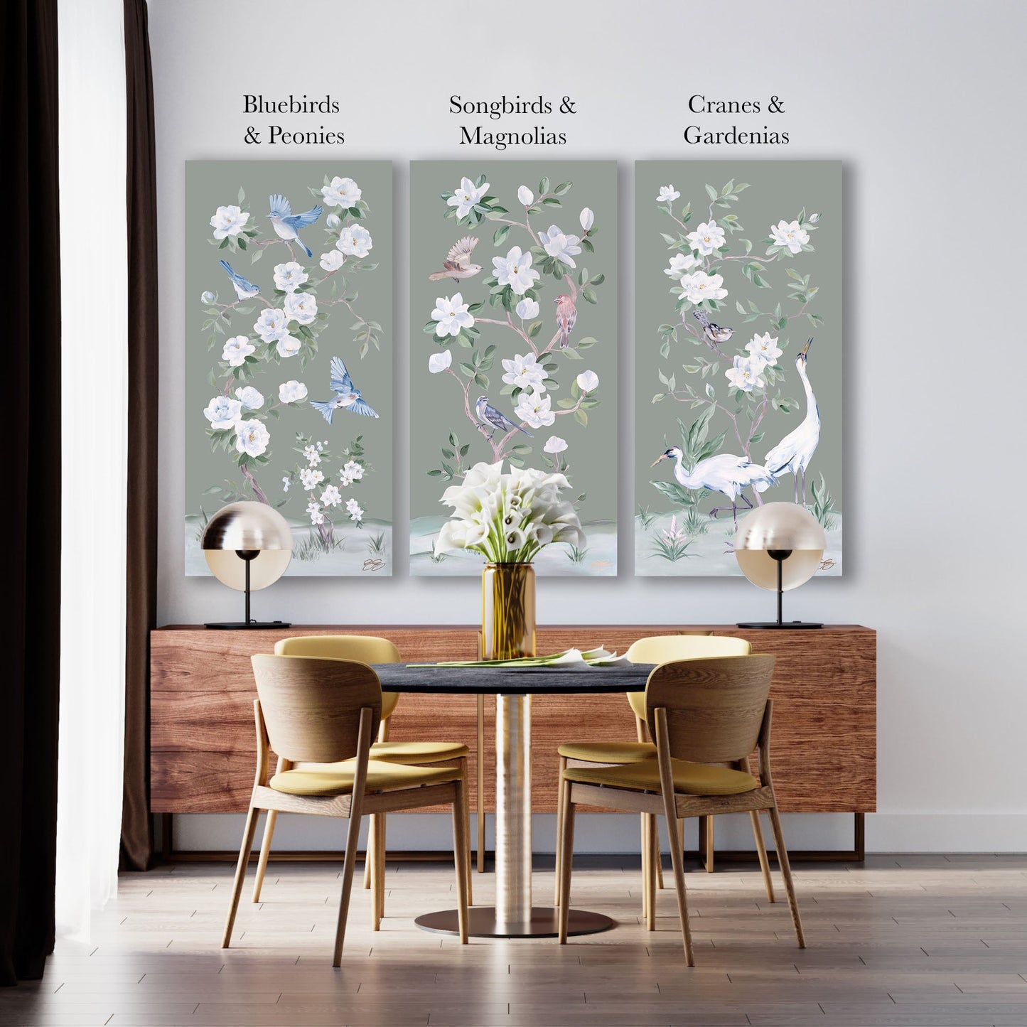 Cranes and Gardenias, a green chinoiserie canvas wrap