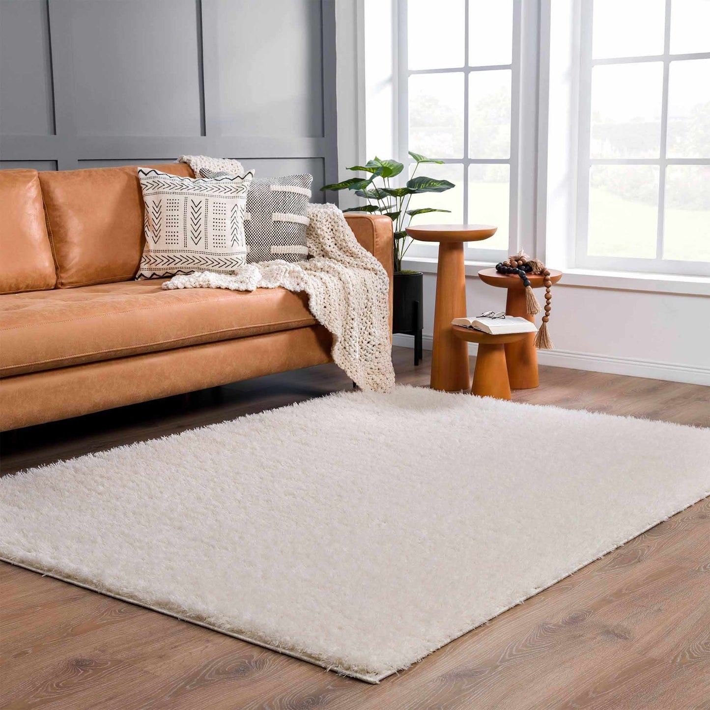 Faina Solid Cream Shag Rug Washable