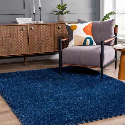 Faina Solid Dark Blue Shag Rug Washable