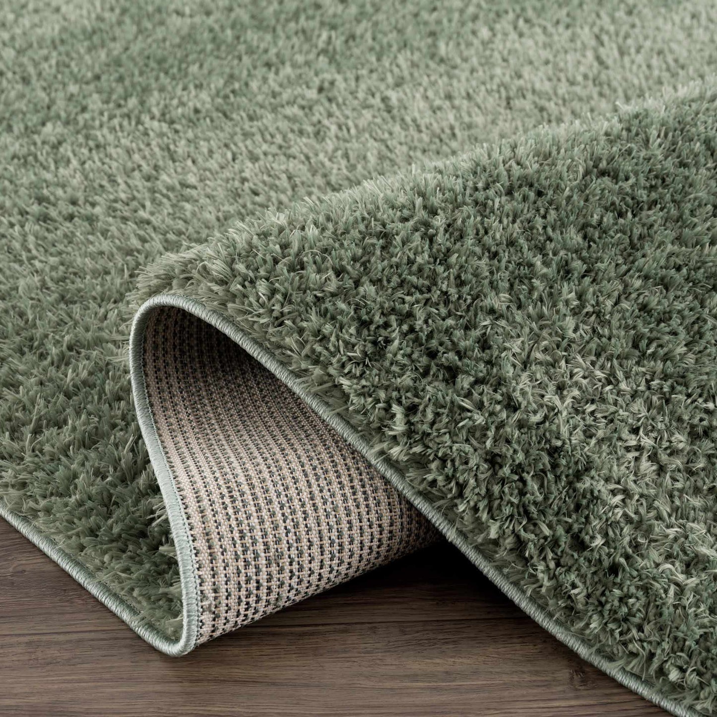 Faina Solid Green Shag Rug Washable