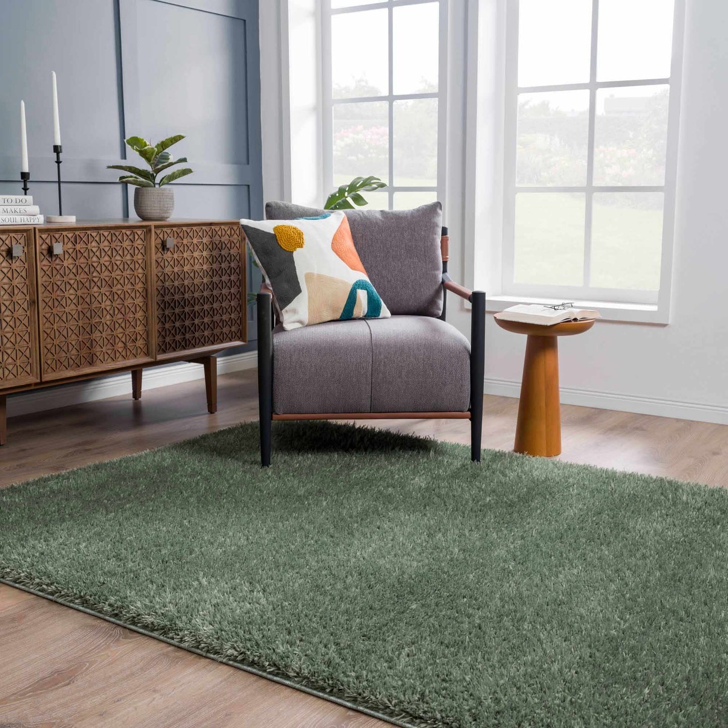 Faina Solid Green Shag Rug Washable