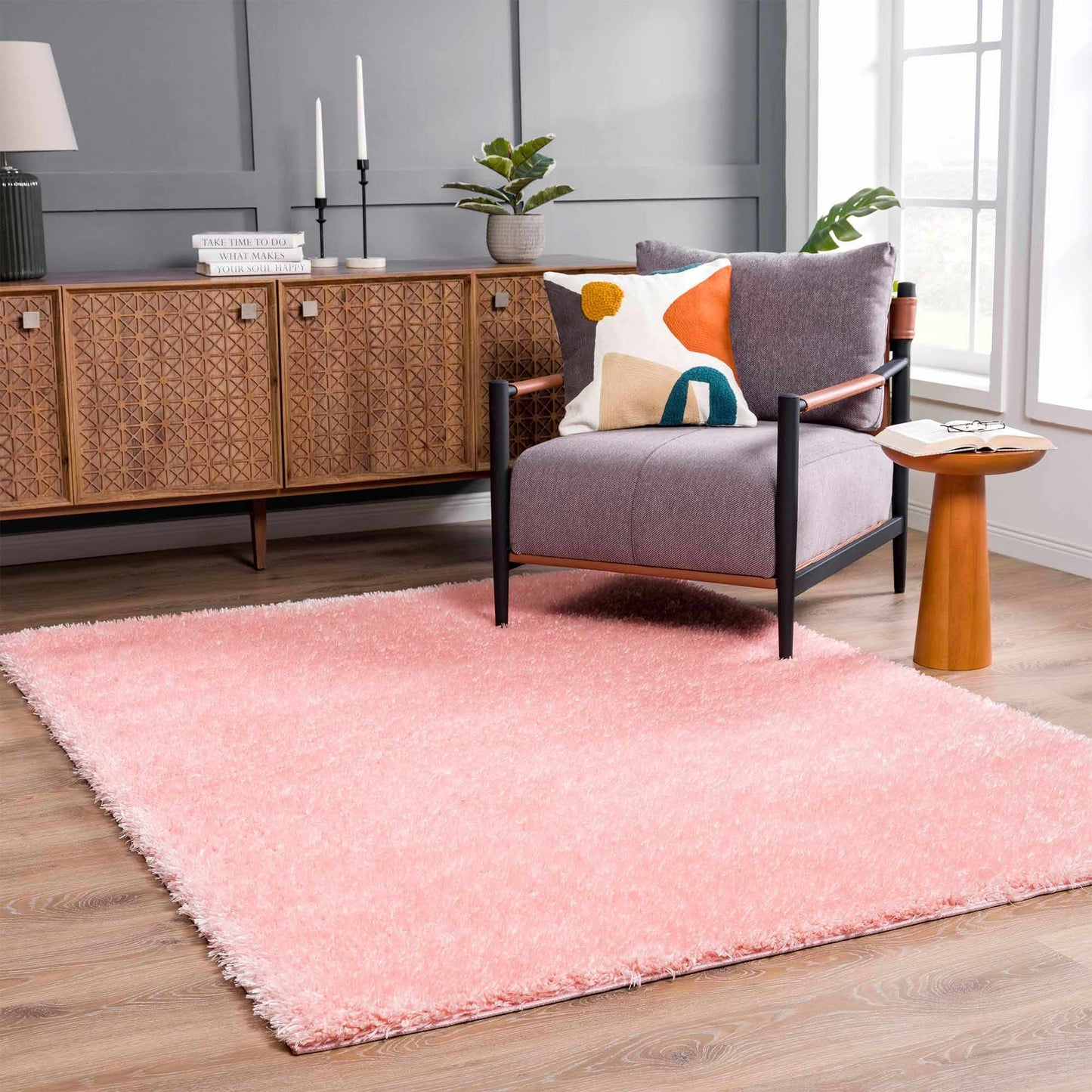 Faina Solid Pink Shag Rug Washable