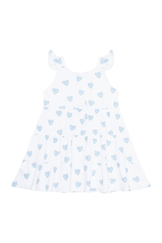 Blue Heart Print Ruffle Dress