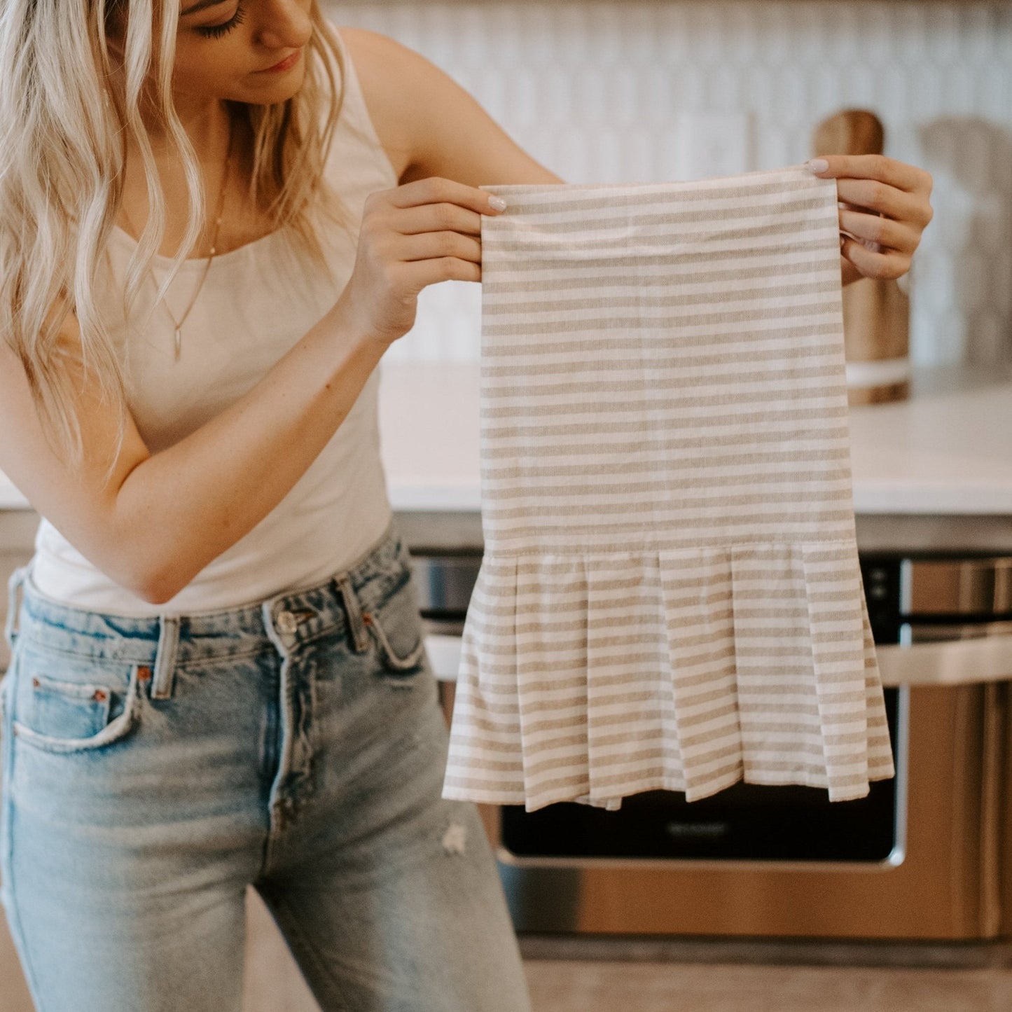 Tan Striped Tea Towel with Ruffle