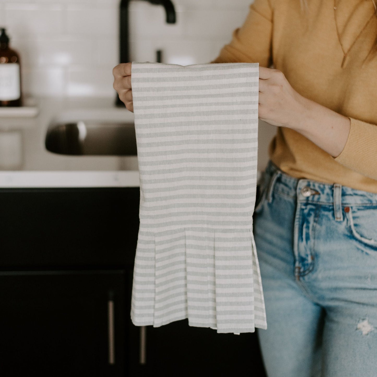 Grey Striped Tea Towel with Ruffle