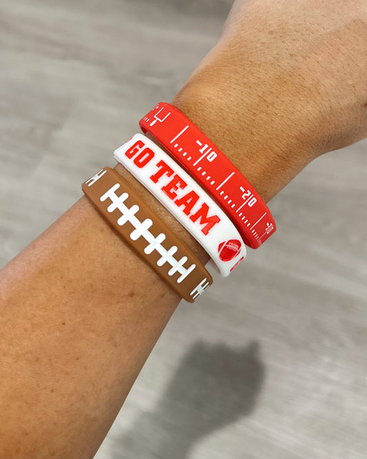 Red Silicone FB Bracelet Set Of 3 (RED Yard Lines, Football Laces & RED Go Team)