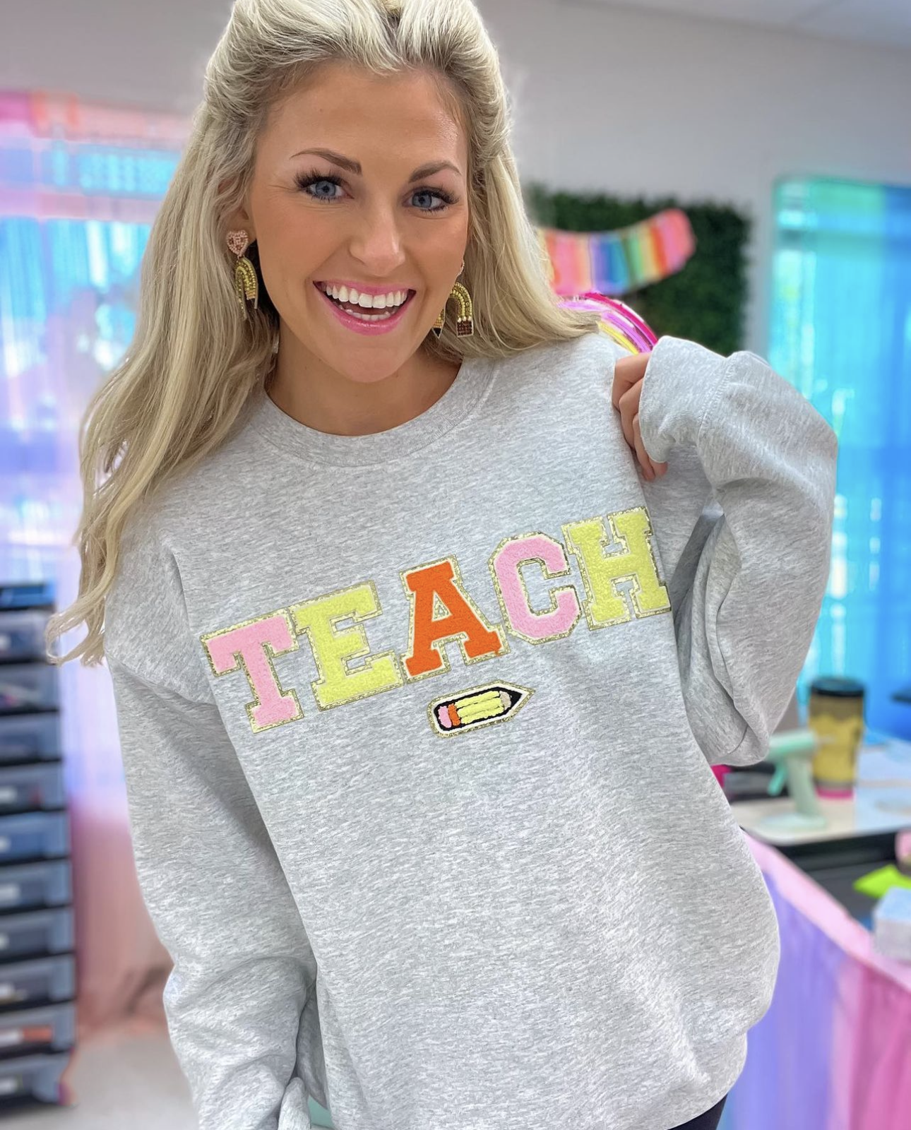 Teach Pencil Letter Patch Crewneck Sweatshirt