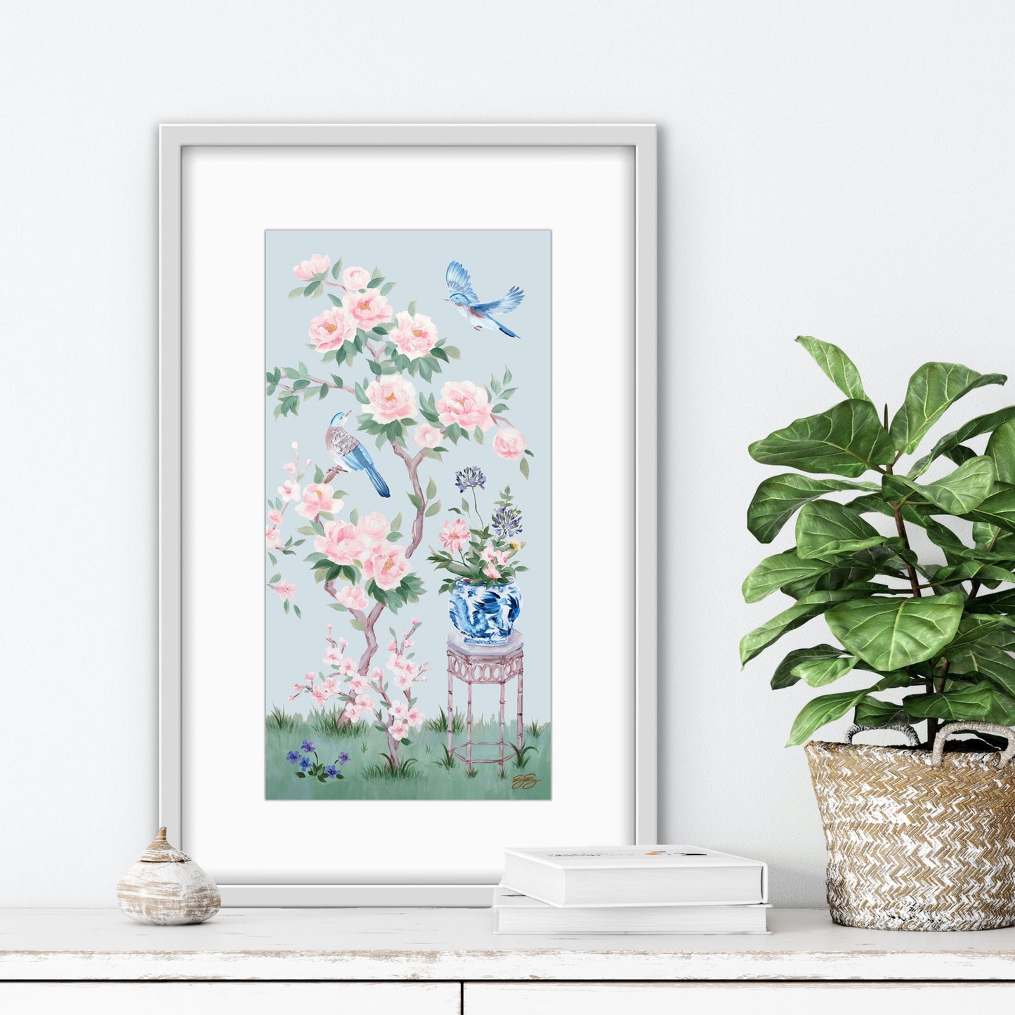 June, a blue chinoiserie fine art print on paper