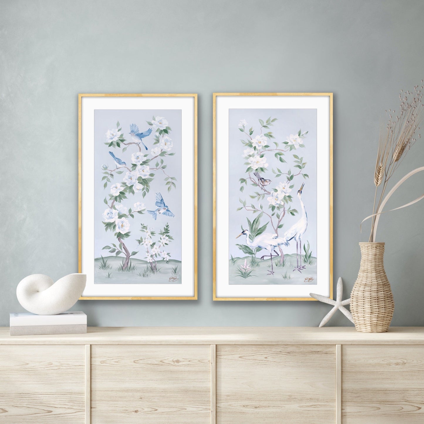 Cranes and Gardenias, a light blue chinoiserie fine art print