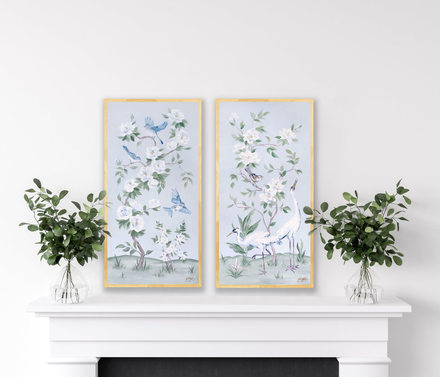 Cranes and Gardenias, a light blue chinoiserie fine art print