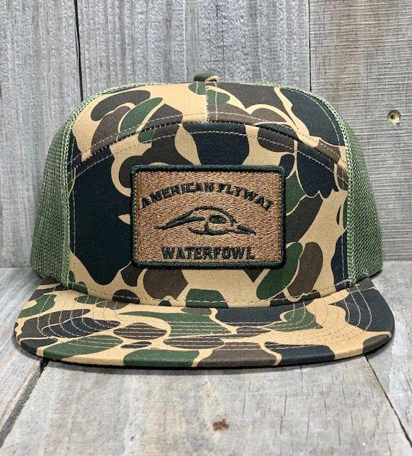 7 Panel Old School Cap w- Green Trim Patch and Green Mesh