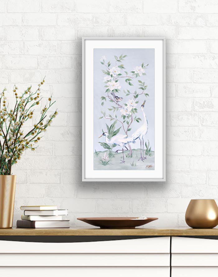 Cranes and Gardenias, a light blue chinoiserie fine art print