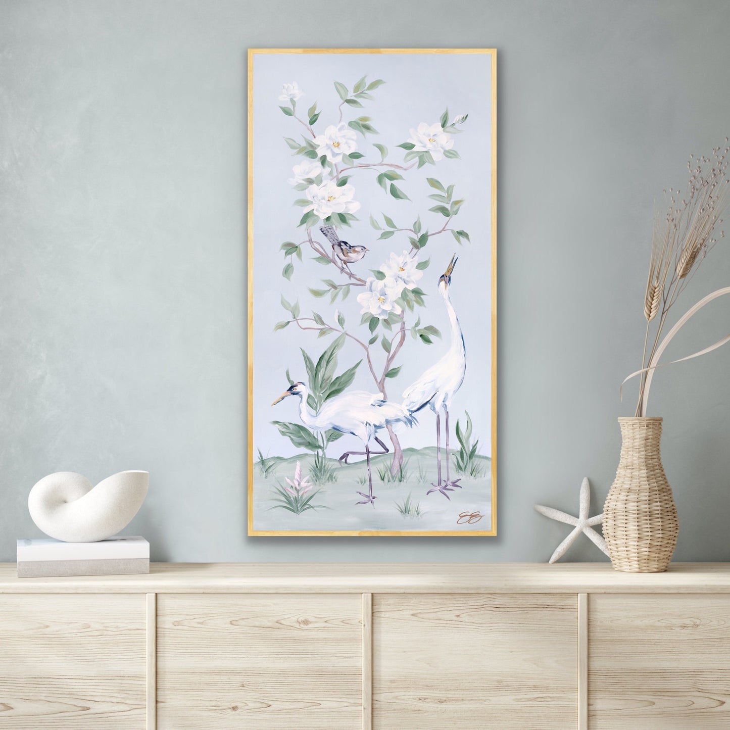 Cranes and Gardenias, a light blue chinoiserie canvas wrap