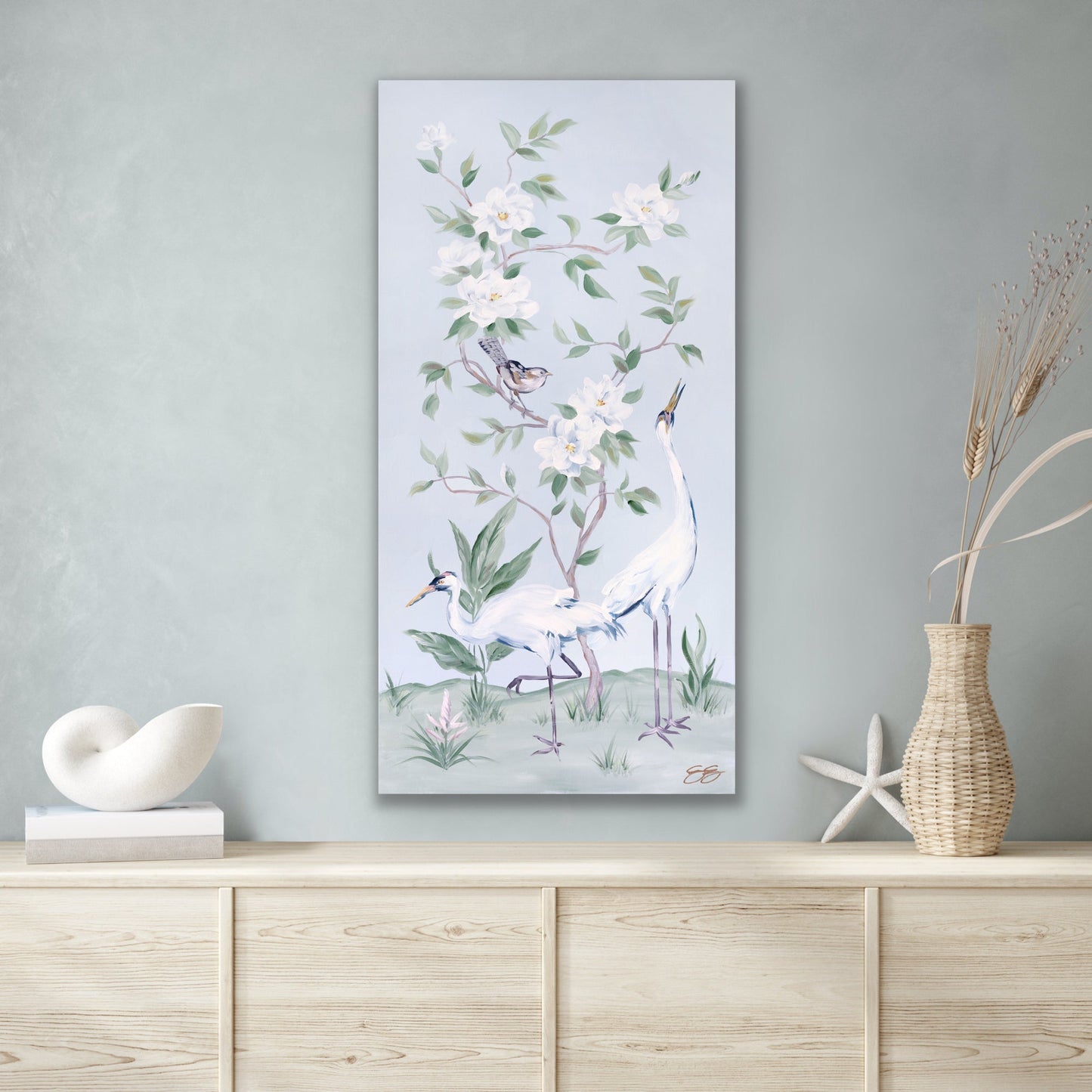 Cranes and Gardenias, a light blue chinoiserie canvas wrap