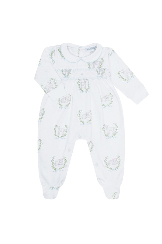 Blue Lamb Print Smocked Footie