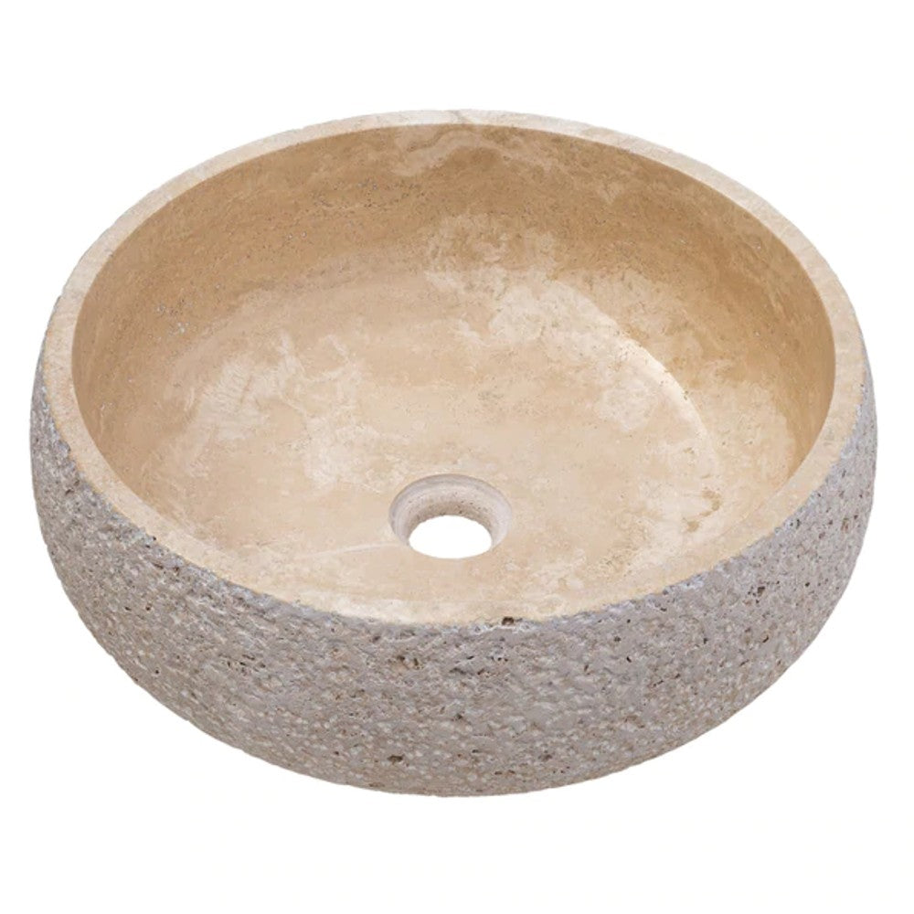 Light Beige Travertine Vessel Bathroom Sink Honed Inside and Sandblasted Outside  (D)16" (H)6"