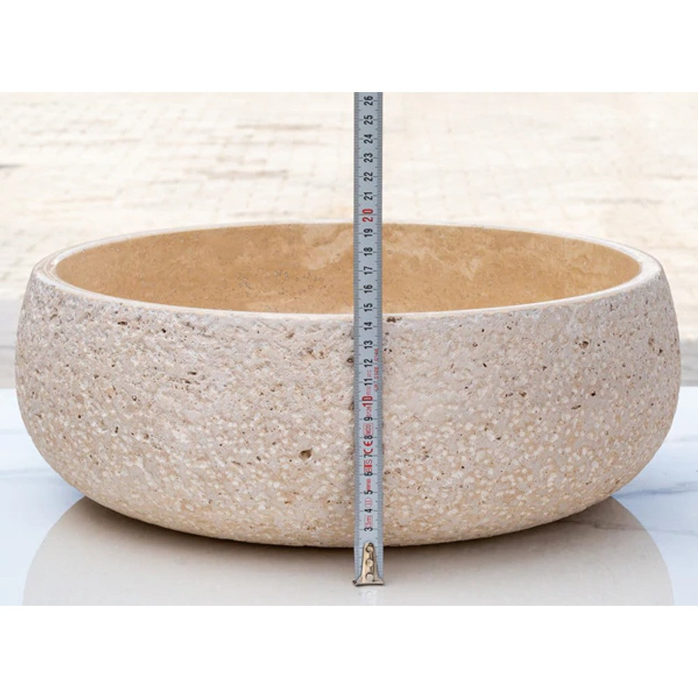 Light Beige Travertine Vessel Bathroom Sink Honed Inside and Sandblasted Outside  (D)16" (H)6"