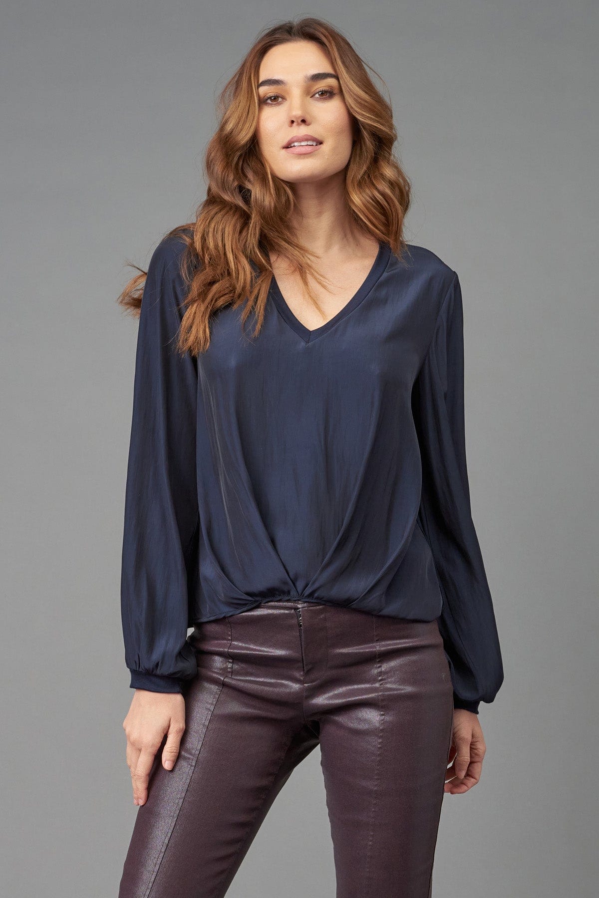 Distressed Satin V-Neck Top