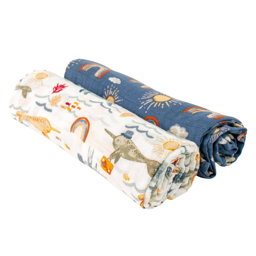 Muslin Swaddle Blanket Set Premium Cotton Narwhal + Hello Sunshine