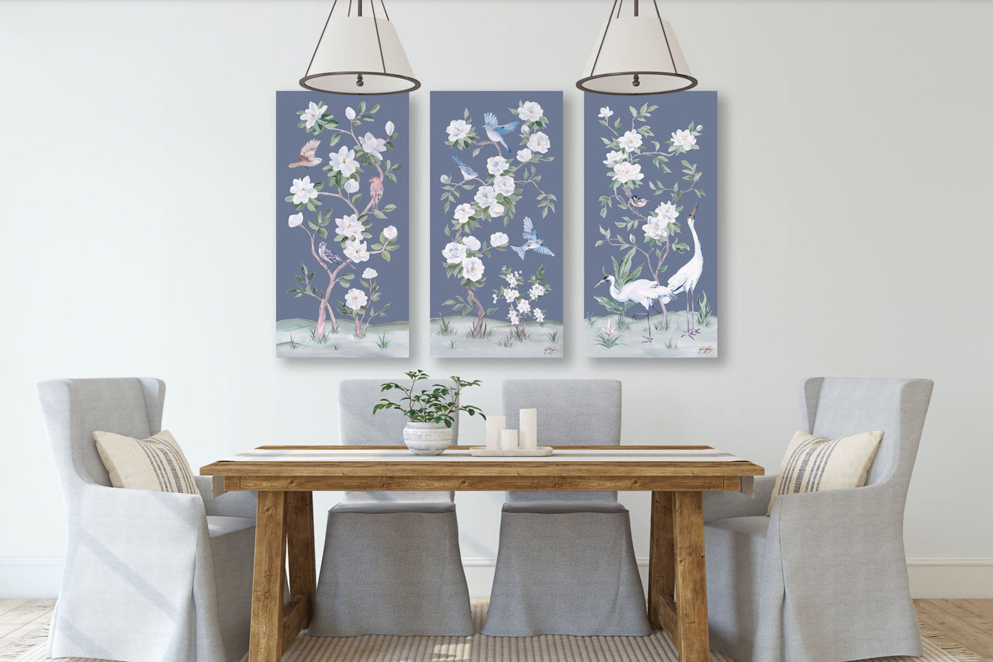 Cranes and Gardenias, a dark blue chinoiserie canvas wrap