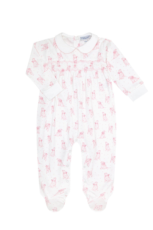 Pink Puppy Love Print Smocked Footie
