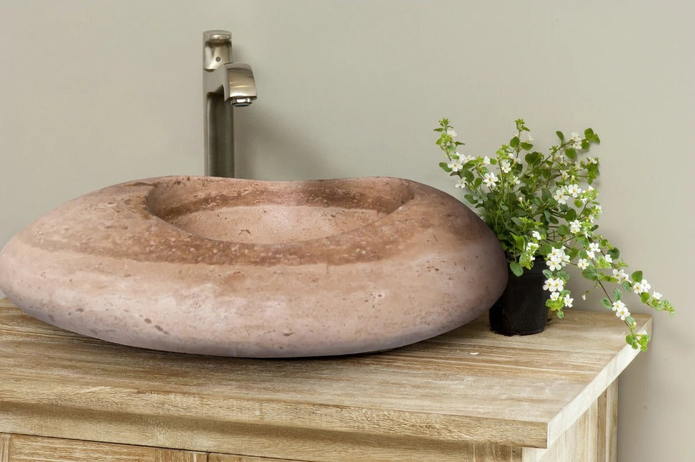 Noce Travertine Natural Stone Kayak Design Vessel Sink Honed and Filled (W)16" (L)23" (H)6"