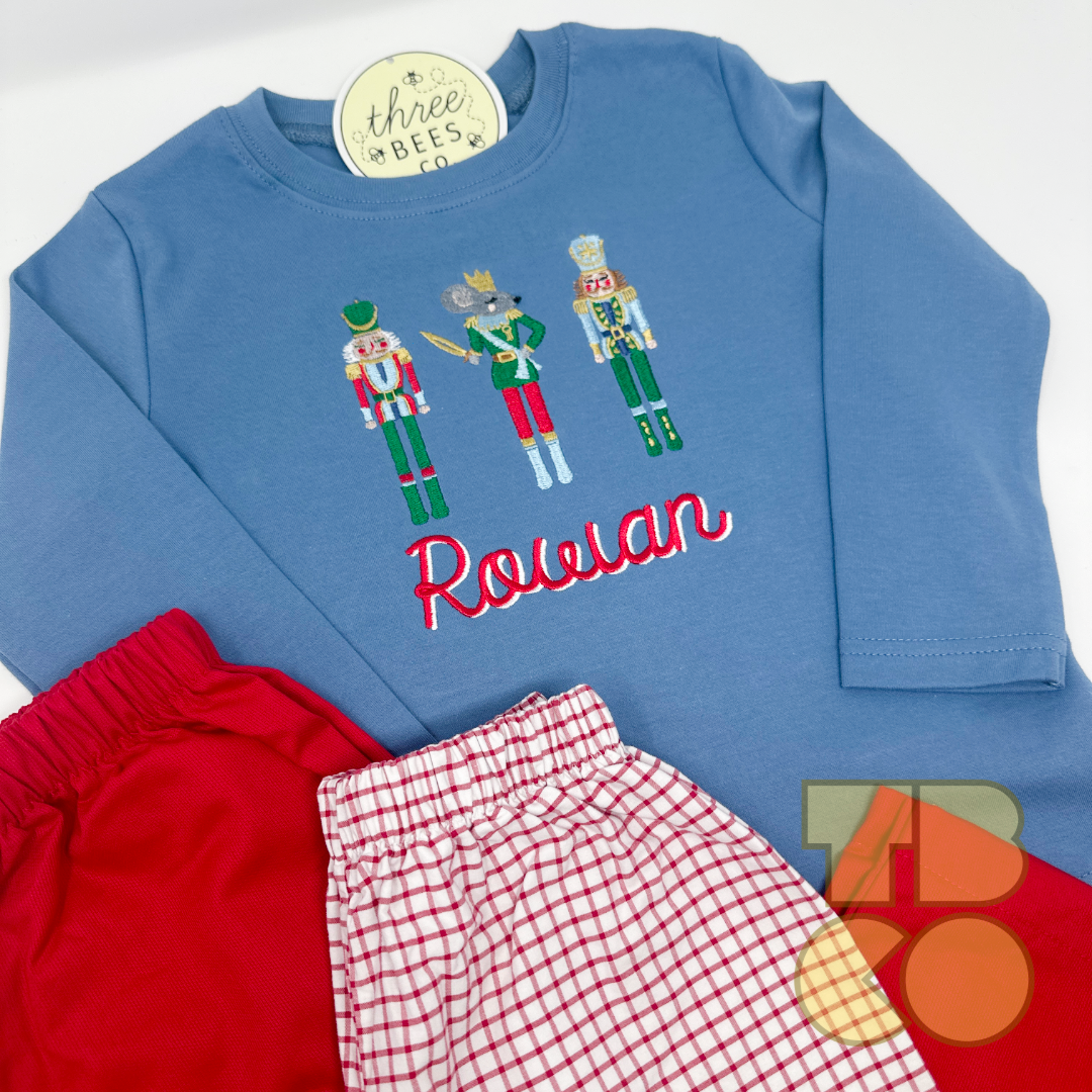 Christmas Nutcracker Trio Embroidery Boys Long Sleeve Shirt