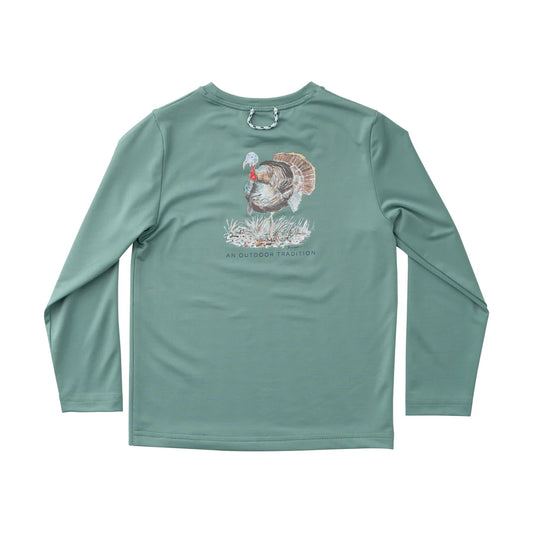 Prodoh Kid's Pro Performance Long Sleeve T-shirt in Green Spruce with Turkey Gobbler