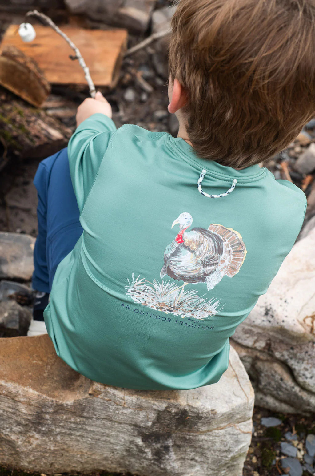 Prodoh Kid's Pro Performance Long Sleeve T-shirt in Green Spruce with Turkey Gobbler