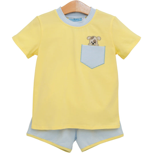 Boys Puppy Paws Pocket Short Set – Yellow & Blue