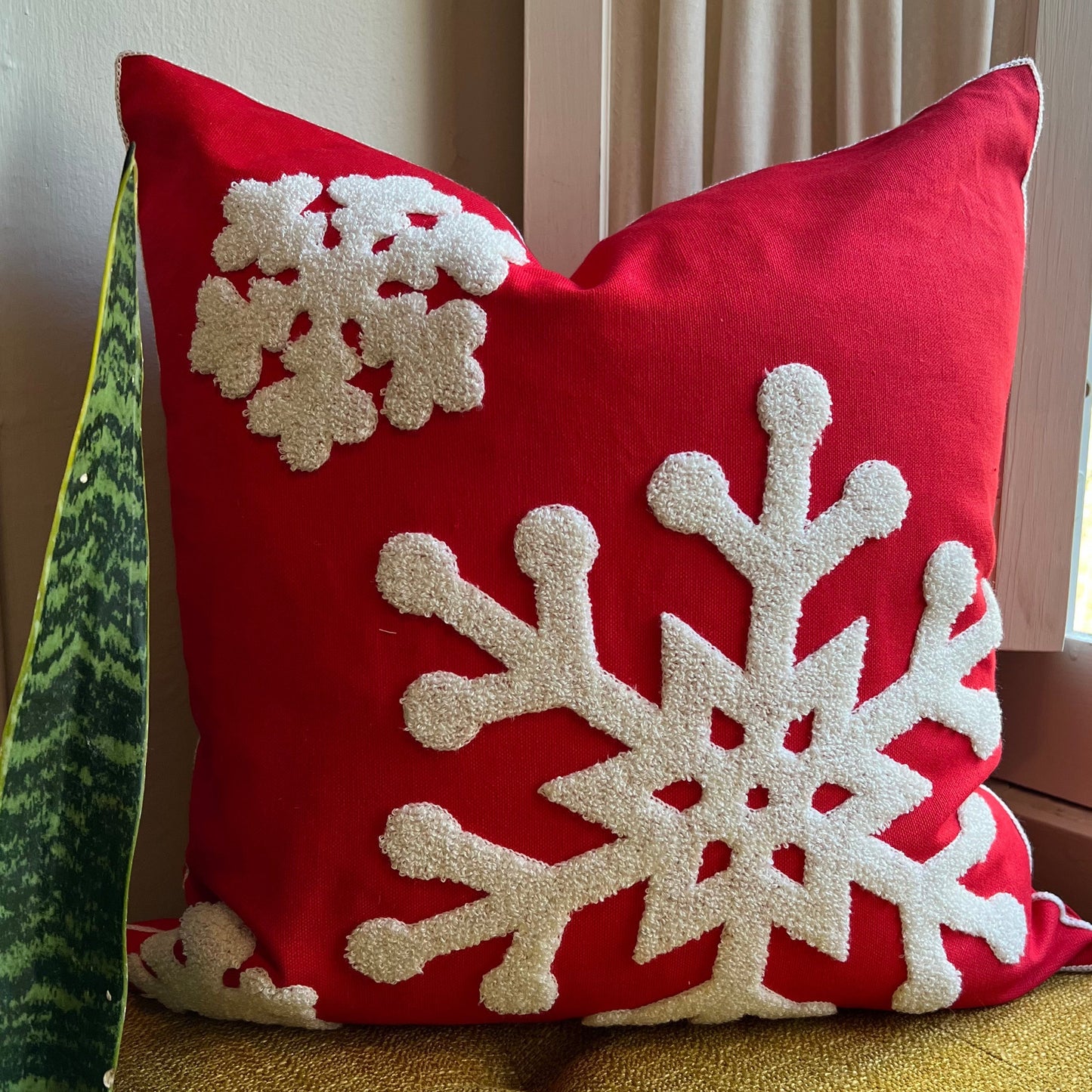 Red Snowflake Embroidered Pillow Cover