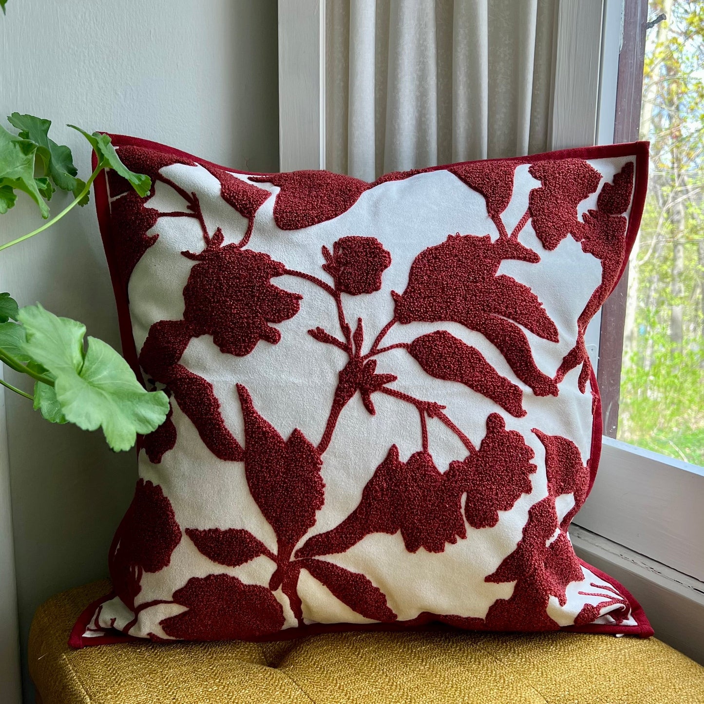 Red and White Floral Embroidered Pillow Cover