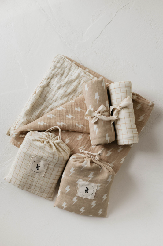 Tan and Cream Lightning Bolt & Golden Grid  | Reversible Muslin Quilt