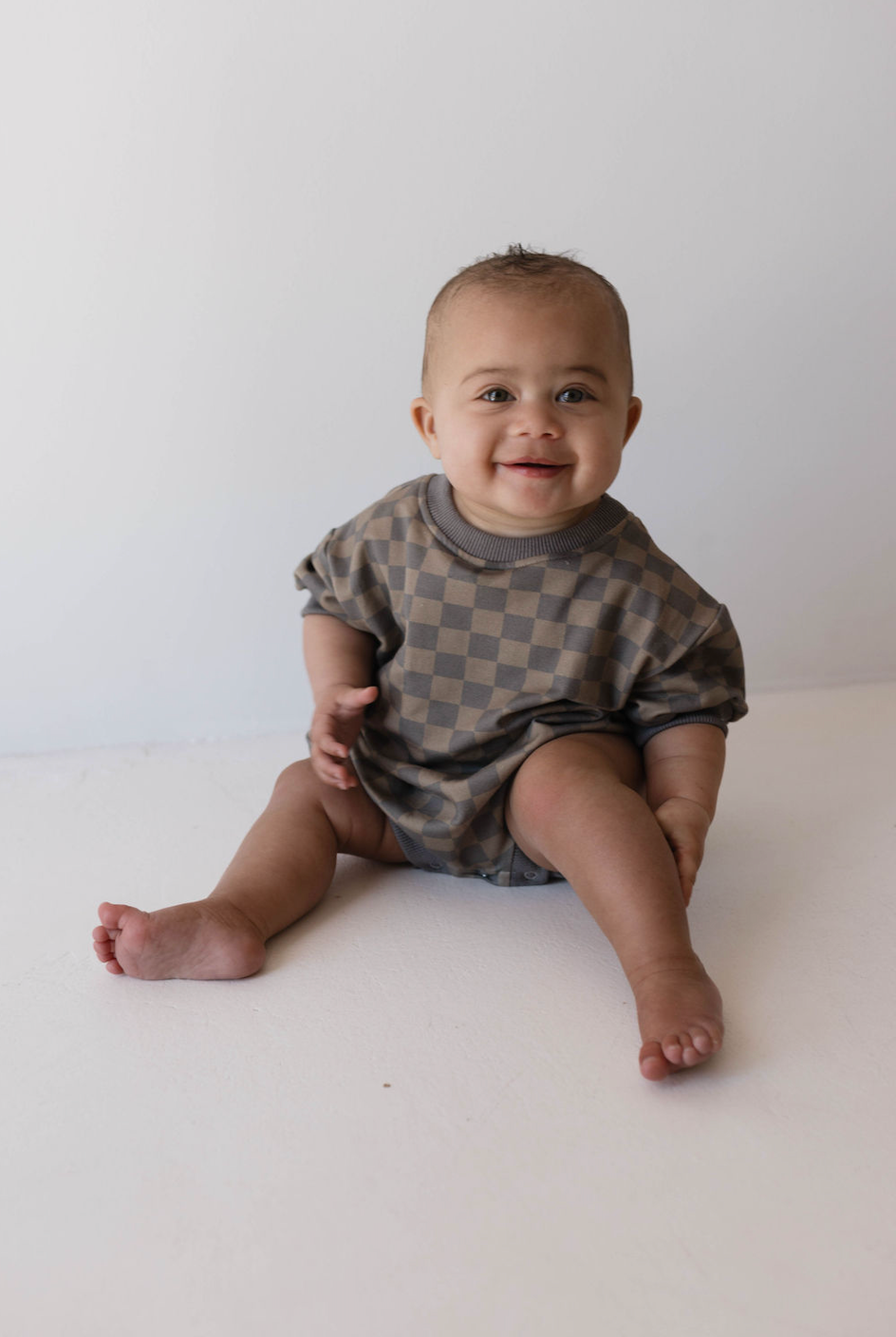 Faded Brown Checkerboard | Short Sleeve Romper