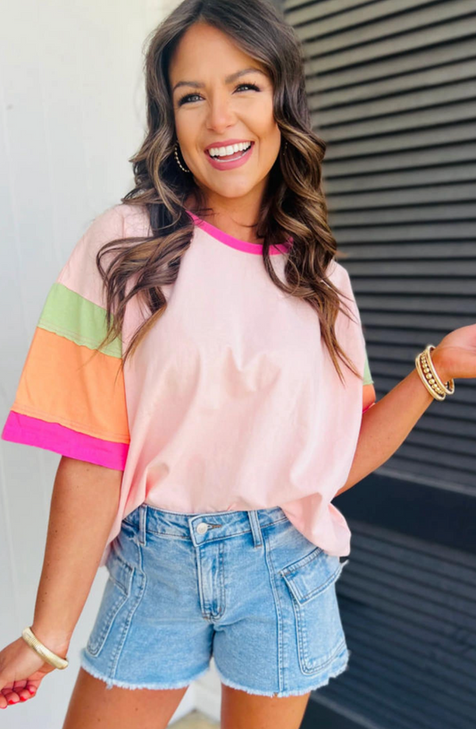 Pink Color Block Oversized Tee