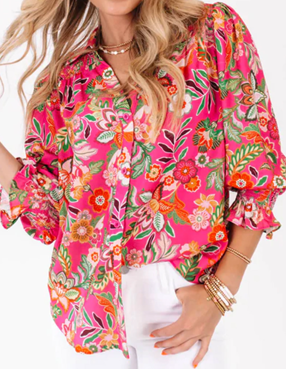 Strawberry Pink Floral Print Smocked Cuff Puff Sleeve Shirt