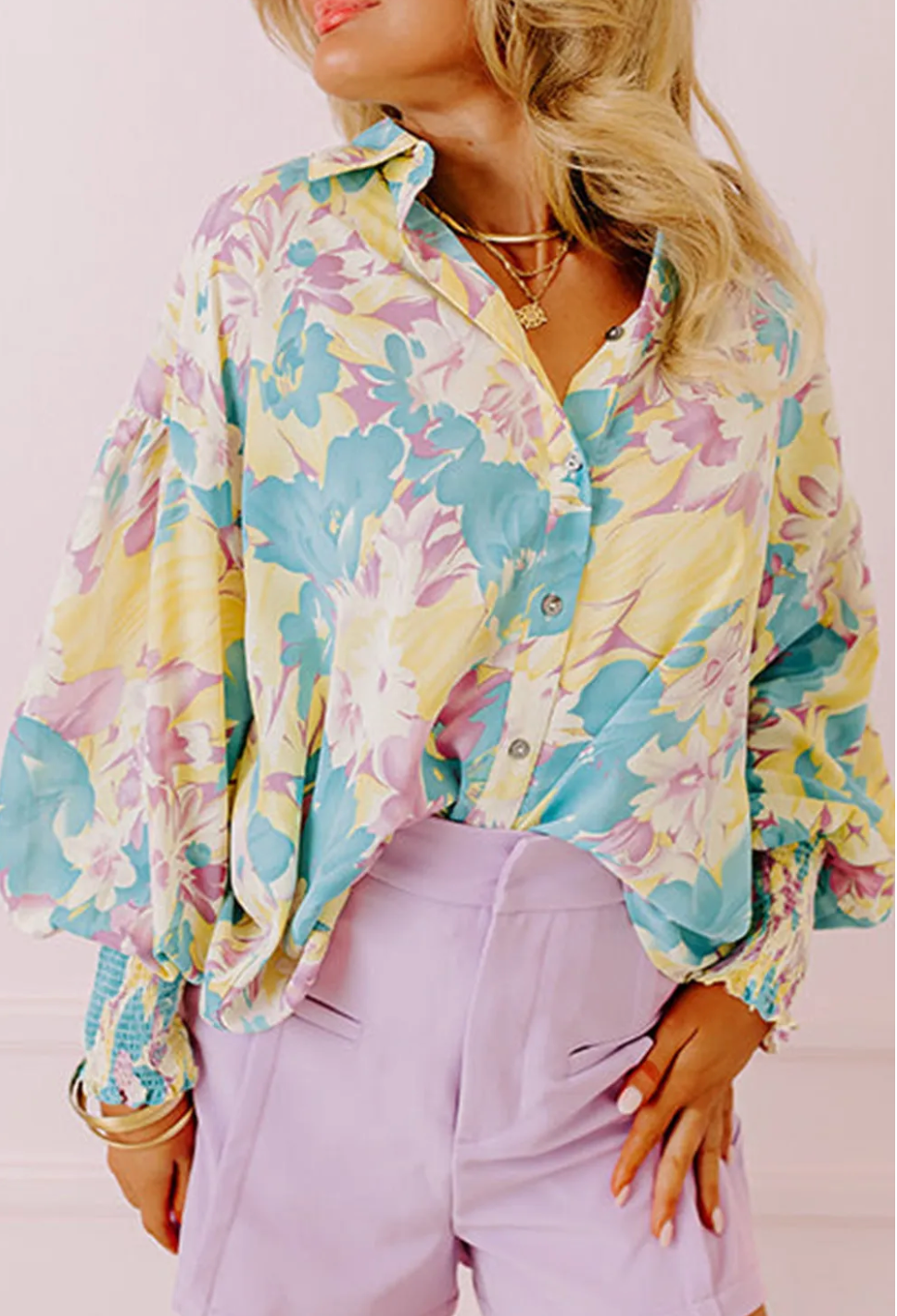 SR Yellow Floral Allover Print Shirred Cuff Oversized Shirt