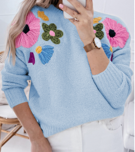 Light Blue Knitted Flower Pattern Ribbed Edge Sweater