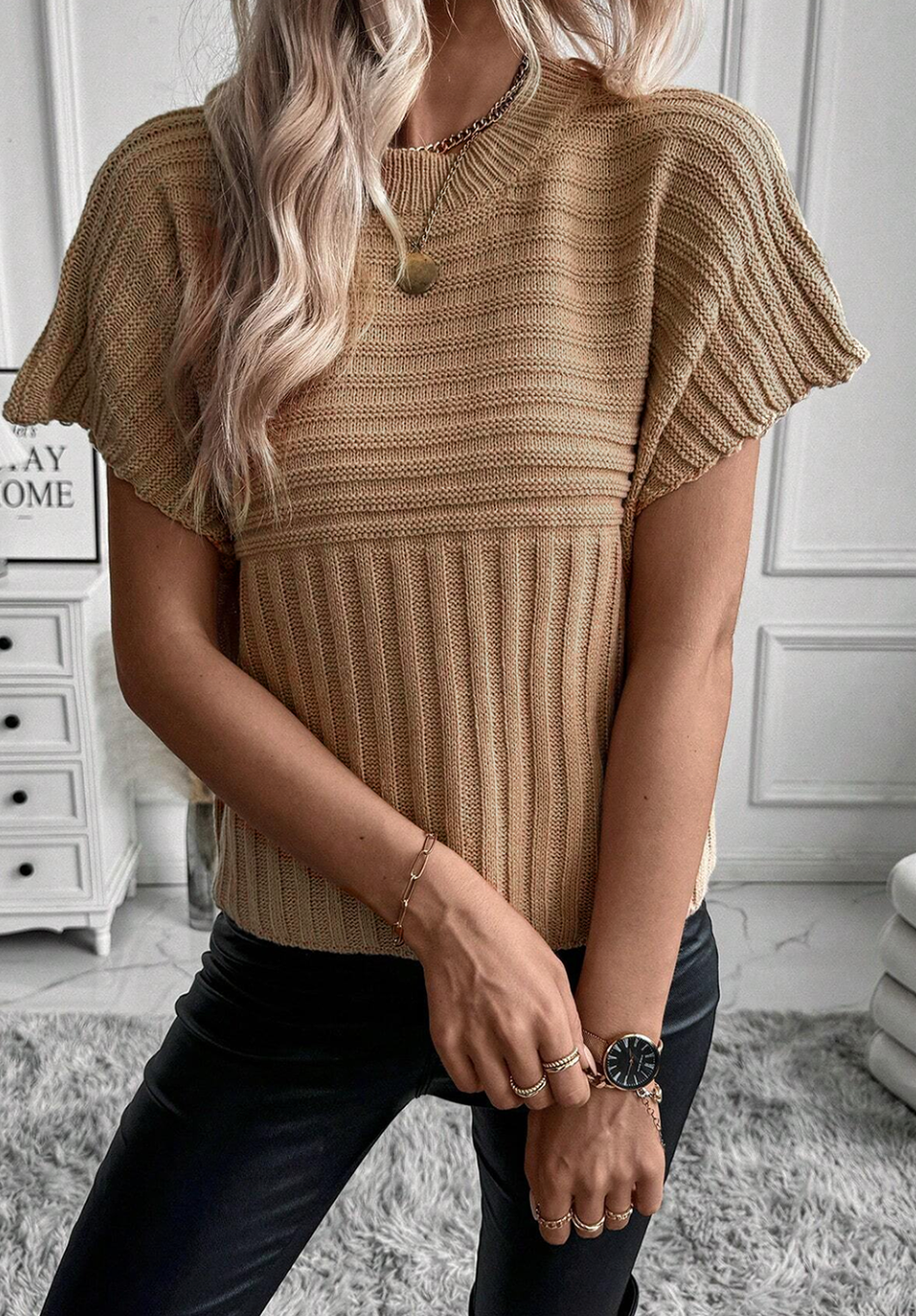 SR Light French Beige Rib Knitted Wide Sleeve Sweater T Shirt