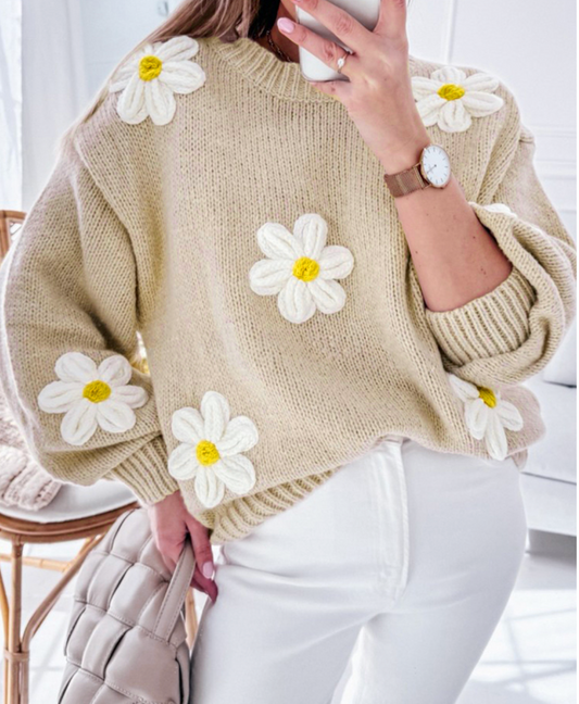 Parchment Floral Crochet Chunky Knit Sweater