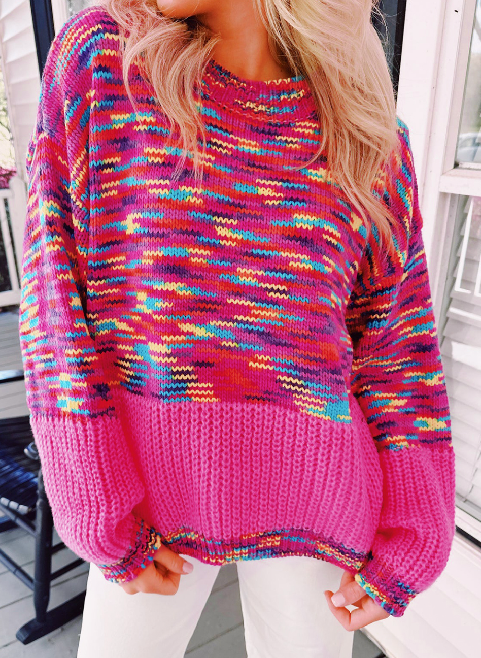 Bright Pink Rainbow Confetti Drop Shoulder Sweater