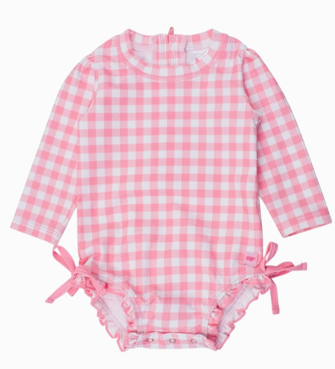 Bubblegum Pink Gingham One Piece Rear Ruffle Rash Guard