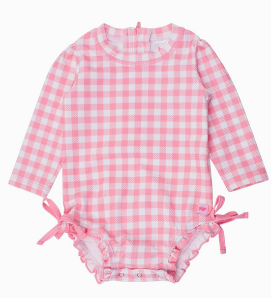 Bubblegum Pink Gingham One Piece Rear Ruffle Rash Guard