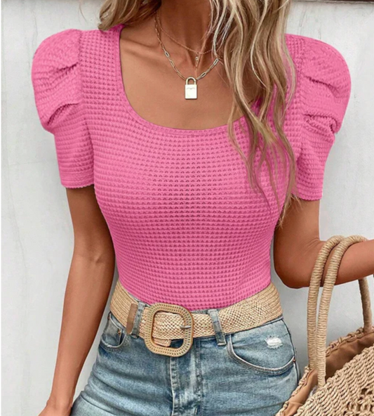 Puff Sleeve Top: Bright Pink Waffle Knit