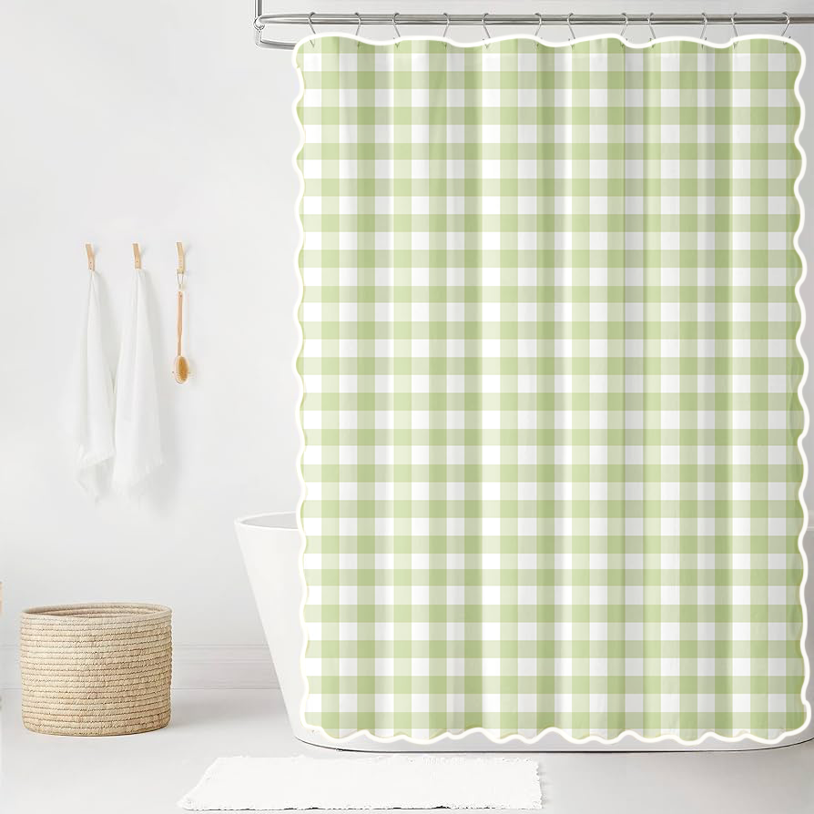 Iva Check in Bowood Green Scalloped Edge Shower Curtain