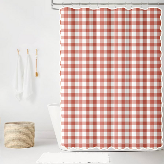 Iva Check in Tomato Scalloped Edge Shower Curtain